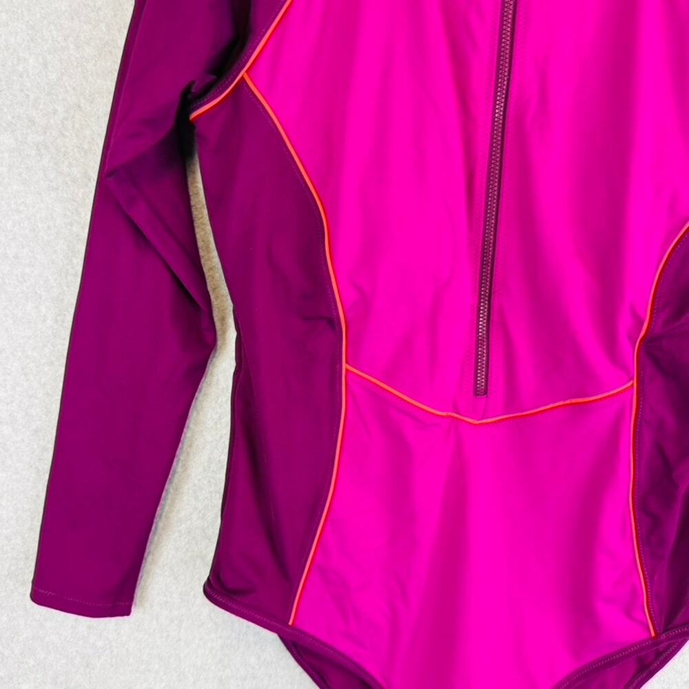 Athleta Womans Large Wavebrake One Piece Swim Suit Pink Color Block Long Sleeve - Picture 4 of 10
